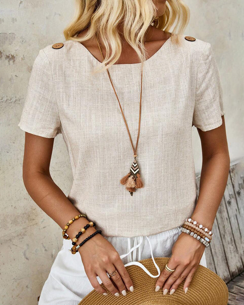 T-shirt Col Rond Coton Et Lin À Manches Courtes