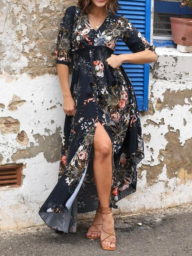 Robe longue noire à manches courtes
