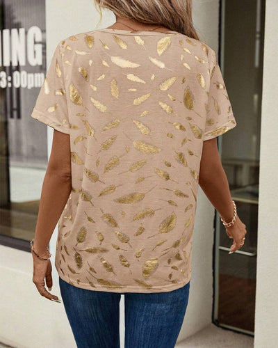 T-Shirt Col V Imprimé Feuilles Décontracté