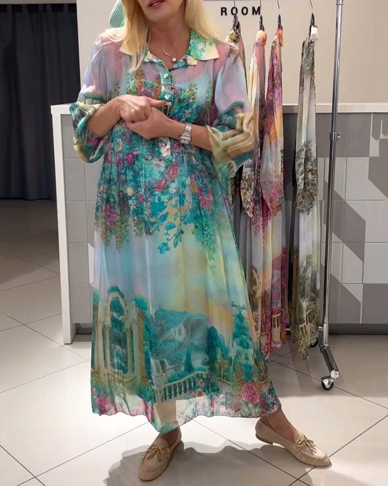 Robe Manches Lanterne Col Chemise Imprimée Longue