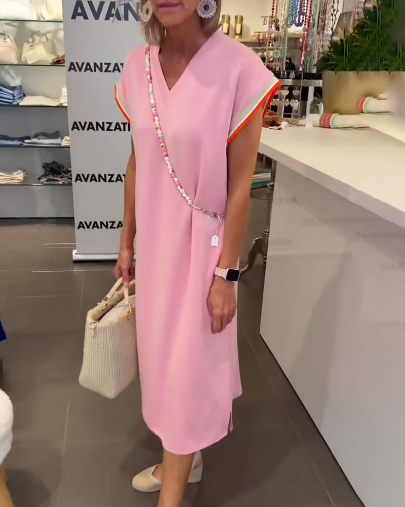 Robe Manches Feuille De Lotus Encolure V Fente Décontractée