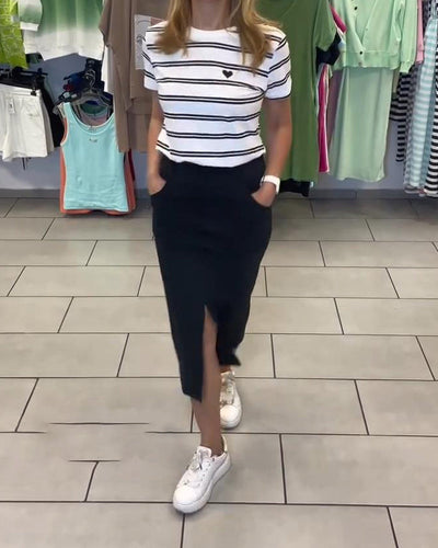 Set Col Rond Rayé Jupe Fendue