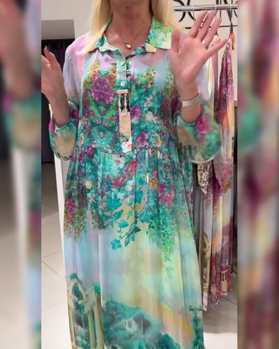 Robe Manches Lanterne Col Chemise Imprimée Longue