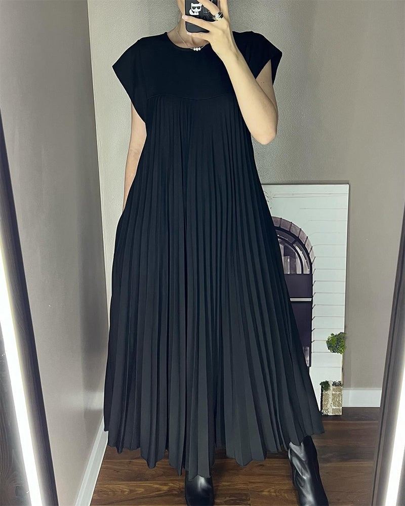Robe Midi Plissée à Manches Courtes pour Femme
