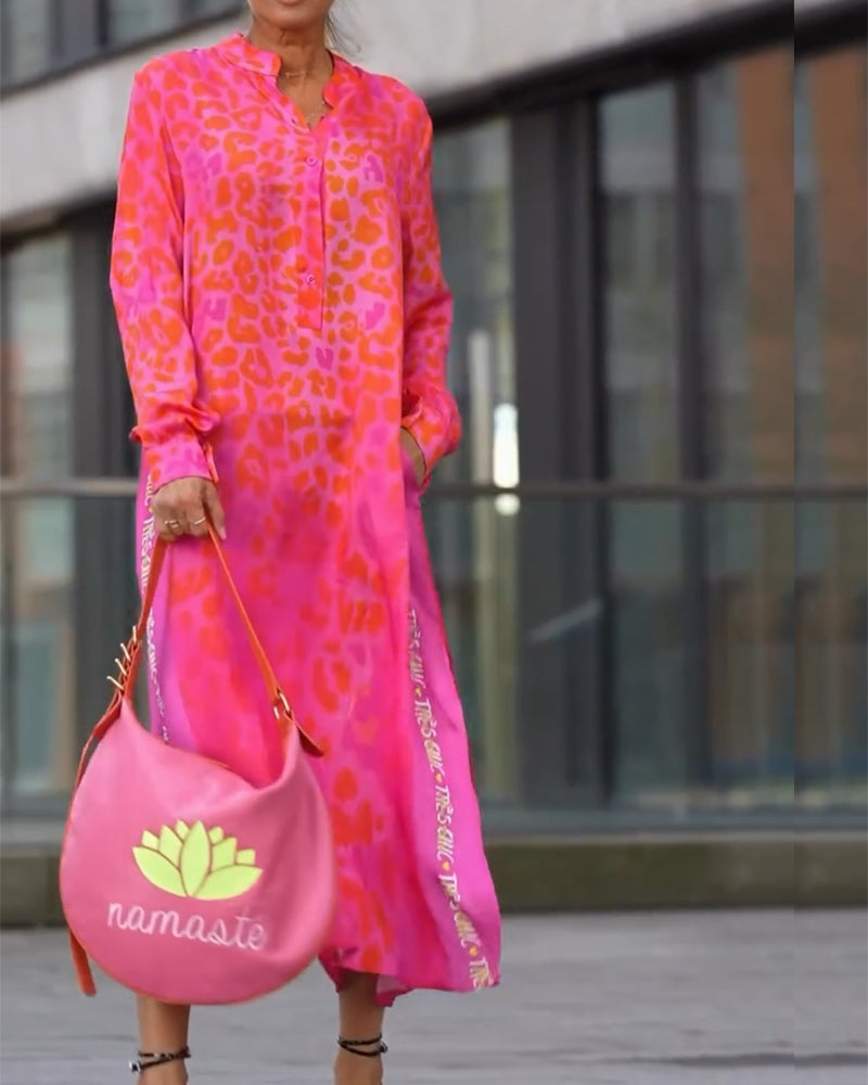 Robe Manches Longues Imprimé Léopard Fente