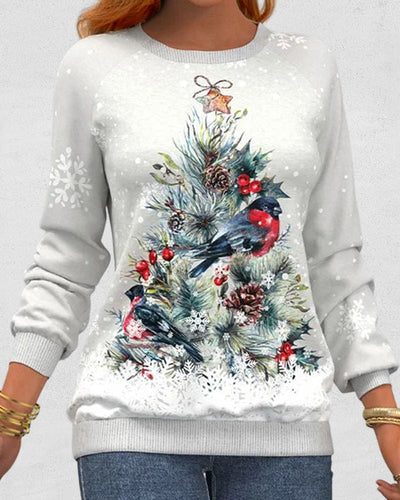 Sweat à manches longues avec motif de sapin de Noël et impression d'oiseaux et de flocons de neige