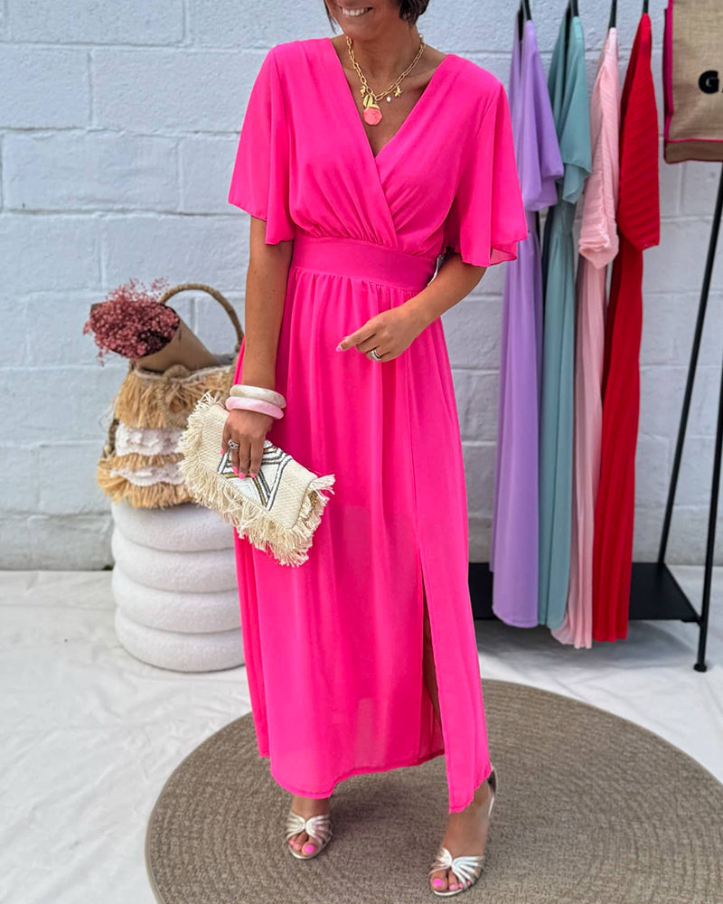 Robe Unie À Col En V Et Taille En Chiffon