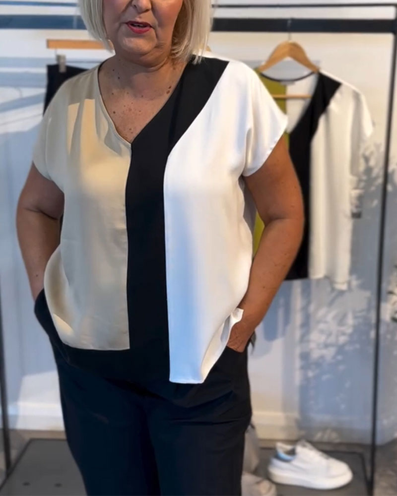 T-Shirt Col V Couleur Contrastée Mode