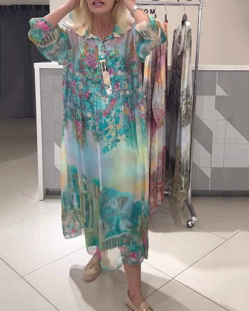 Robe Manches Lanterne Col Chemise Imprimée Longue