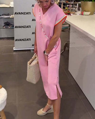 Robe Manches Feuille De Lotus Encolure V Fente Décontractée