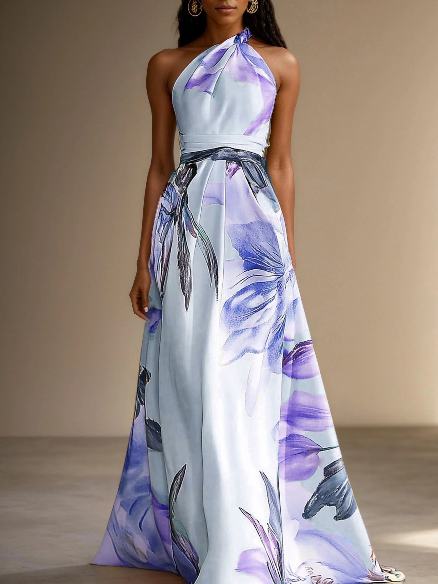 Robe longue trapèze sans manches en satin