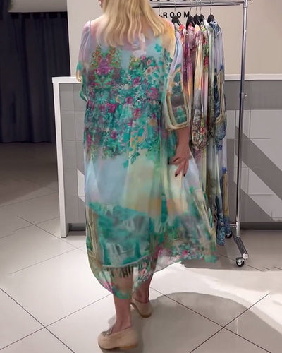 Robe Manches Lanterne Col Chemise Imprimée Longue