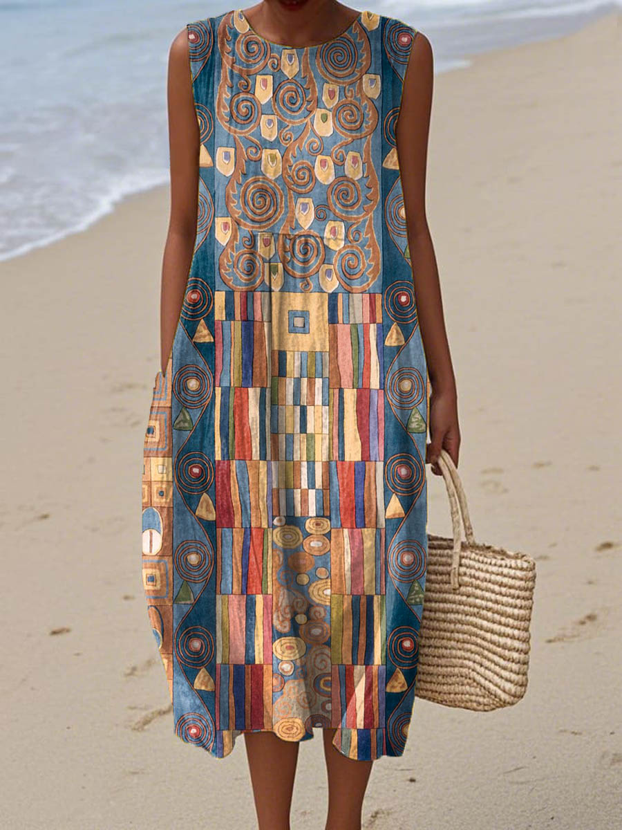 Robe portefeuille sans manches en coton avec imprimé artistique géométrique abstrait pour femmes