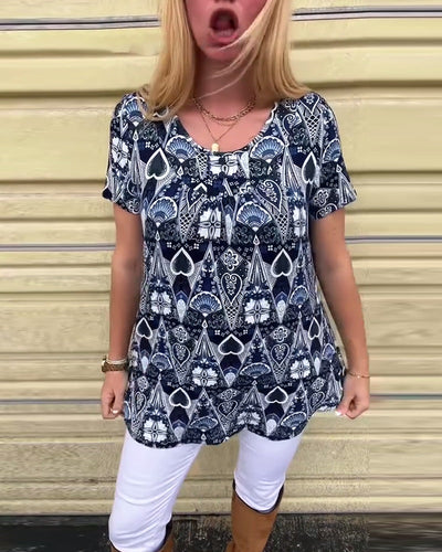 T-shirt décontracté rétro col rond imprimé