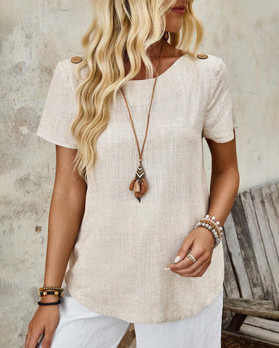 T-shirt Col Rond Coton Et Lin À Manches Courtes