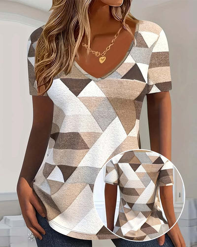 T-shirt avec un Cou en U en Bloc de Couleurs Casual