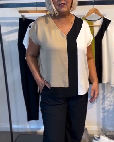 T-Shirt Col V Couleur Contrastée Mode