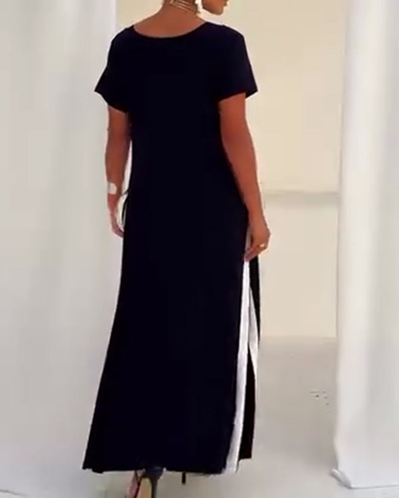 Robe Tempérament Col V Couleur Contrastée