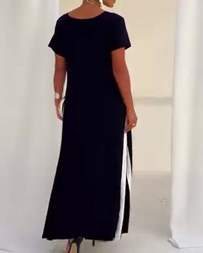 Robe Tempérament Col V Couleur Contrastée