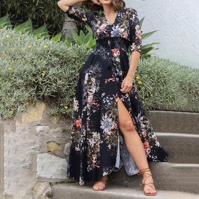 Robe longue noire à manches courtes