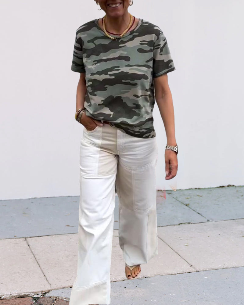 T-Shirt Imprimé Camouflage Manches Courtes