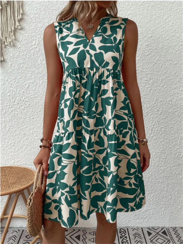 Robe Midi Femme sans Manches à Motif Feuilles