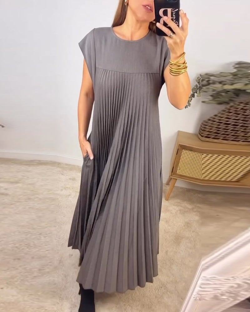 Robe Midi Plissée à Manches Courtes pour Femme