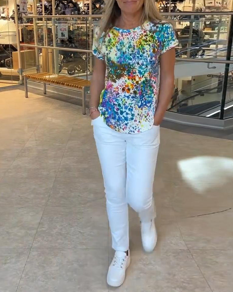 T-Shirt Coloré Fleuri Col Rond