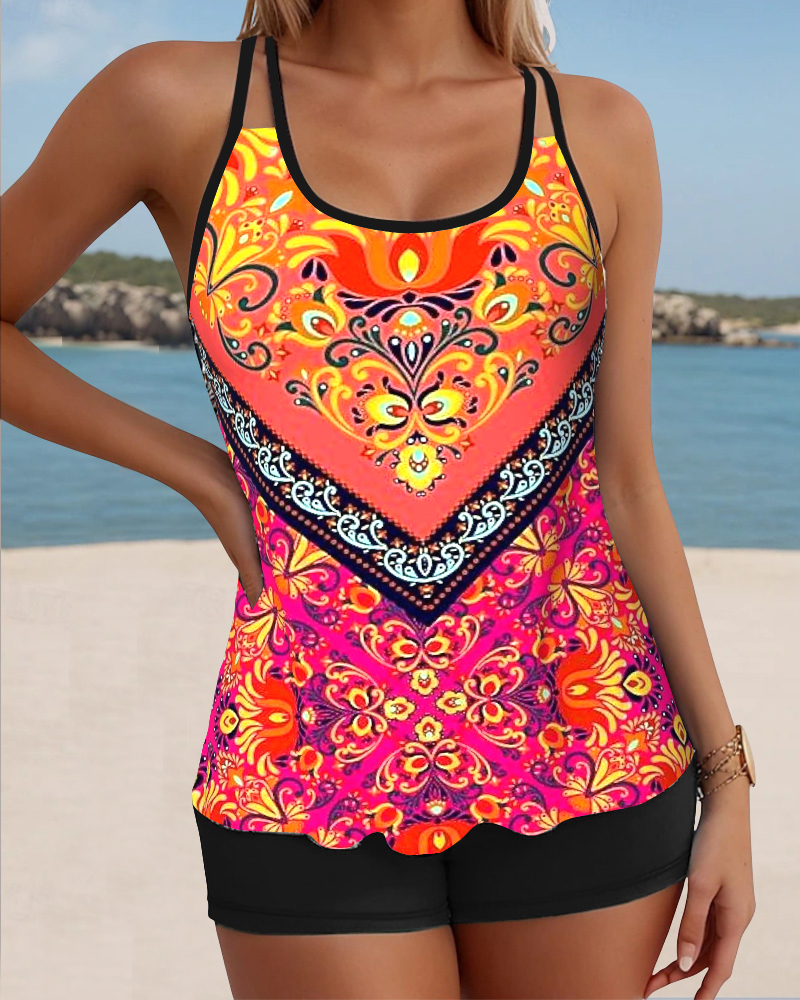 Tankini Sans Manches Imprimé Deux Pièces