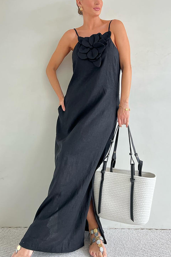 Sophie Paris® | Robe maxi fendue à poches ornée de motifs floraux en mélange de lin