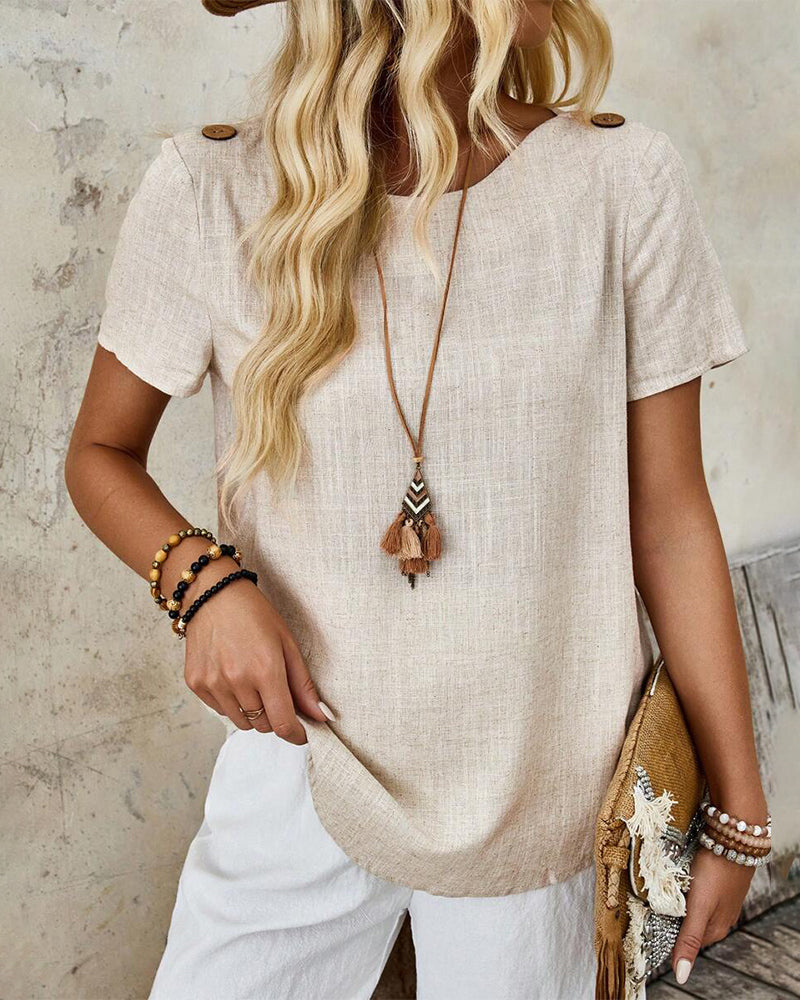 T-shirt Col Rond Coton Et Lin À Manches Courtes