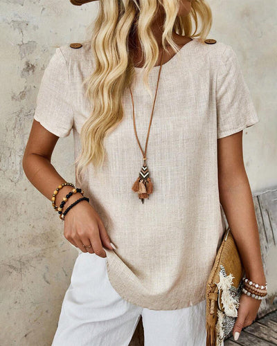 T-shirt Col Rond Coton Et Lin À Manches Courtes