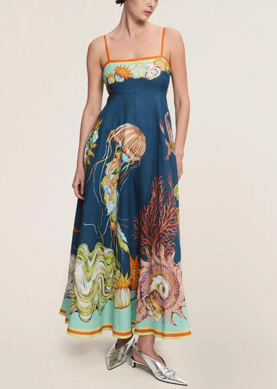 Sophie Paris® I Robe sans manches en lin avec bretelles fines et imprimé Marine italienne