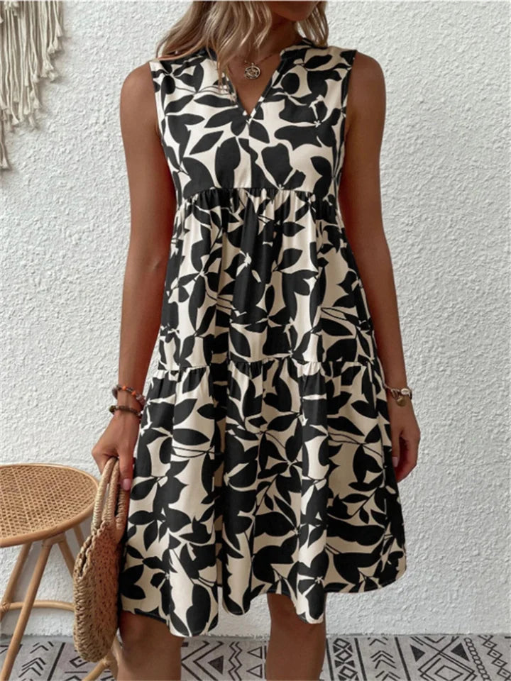 Robe Midi Femme sans Manches à Motif Feuilles