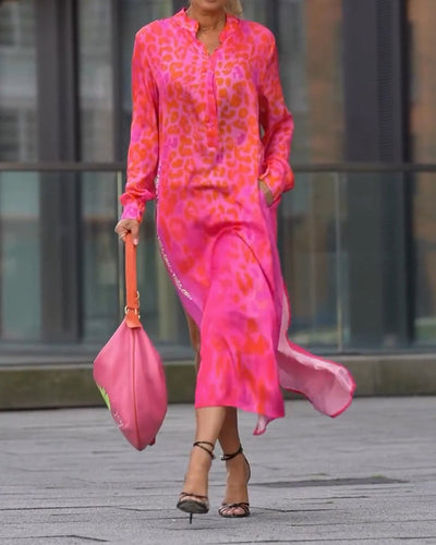 Robe Manches Longues Imprimé Léopard Fente