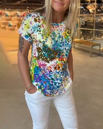 T-Shirt Coloré Fleuri Col Rond