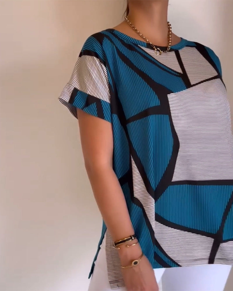 T-shirt Col Rond Motif Géométrique Ample