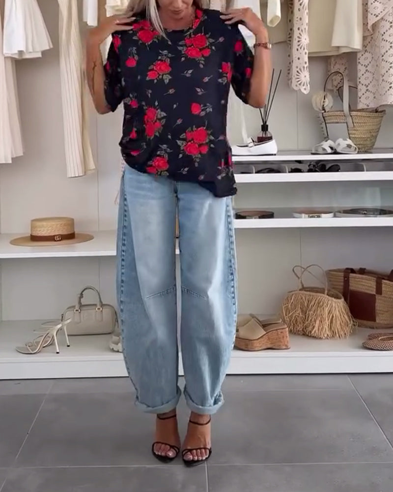 T-Shirt Col Rond Imprimé Florale Manches Courtes