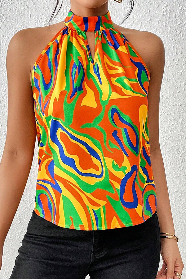 Top imprimé décontracté sans manches à col rond
