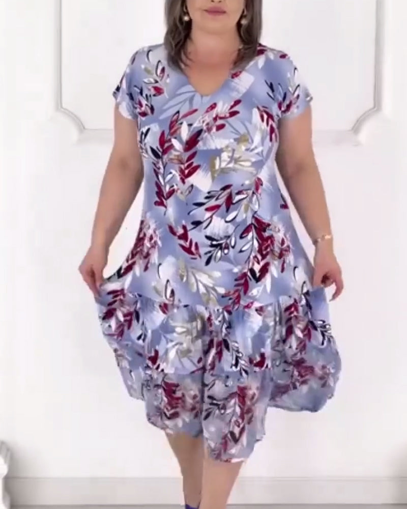 Robe Manches Courtes Col En V Imprimée Élégante