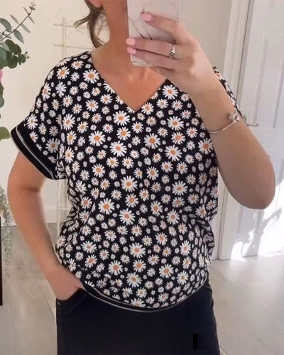 T-Shirt Col En V Avec Imprimé Marguerite