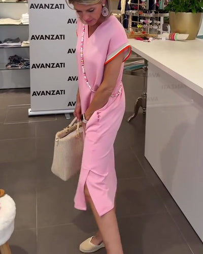 Robe Manches Feuille De Lotus Encolure V Fente Décontractée