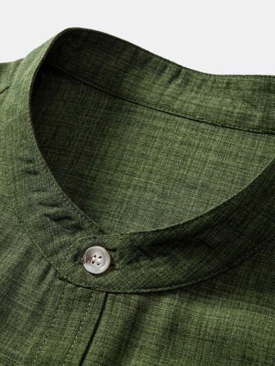 Short Sleeve Stand Collar Shirt & Linen Drawstring Shorts
