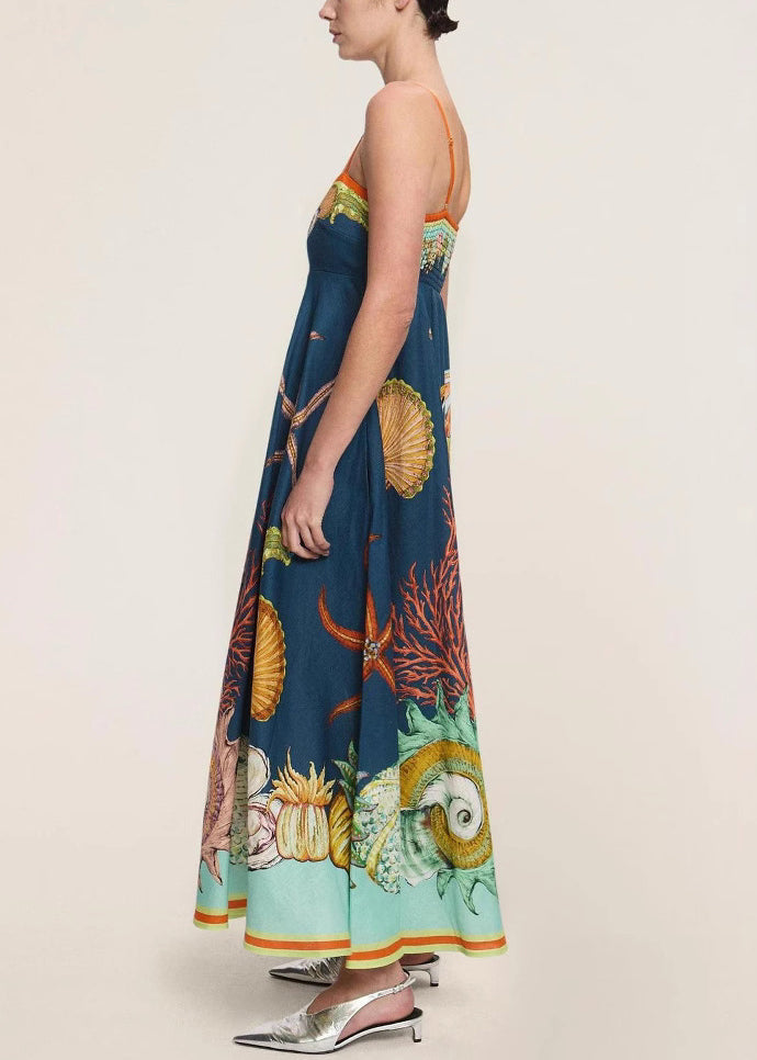 Sophie Paris® I Robe sans manches en lin avec bretelles fines et imprimé Marine italienne