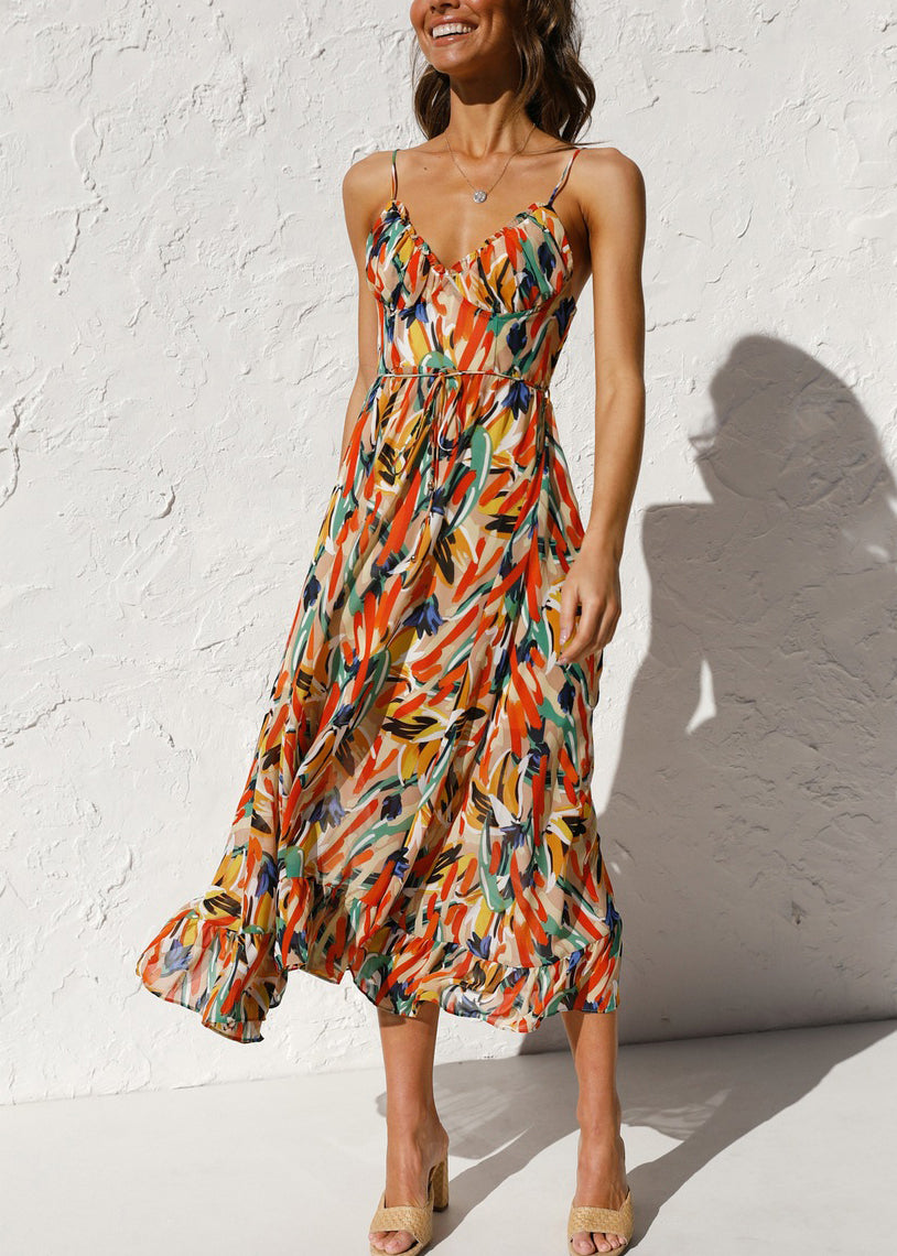 Sophie Paris® | Robe sans manches à bretelles spaghetti en coton orange à volants