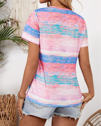 T-Shirt Col En V Rayé Multicolore Polyvalent