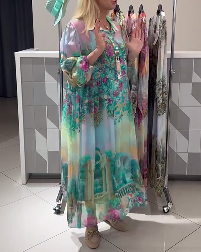 Robe Manches Lanterne Col Chemise Imprimée Longue