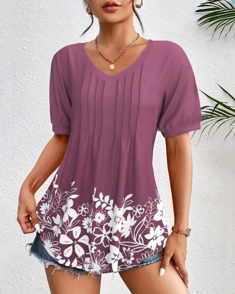 T-Shirt En V Plissé Imprimé