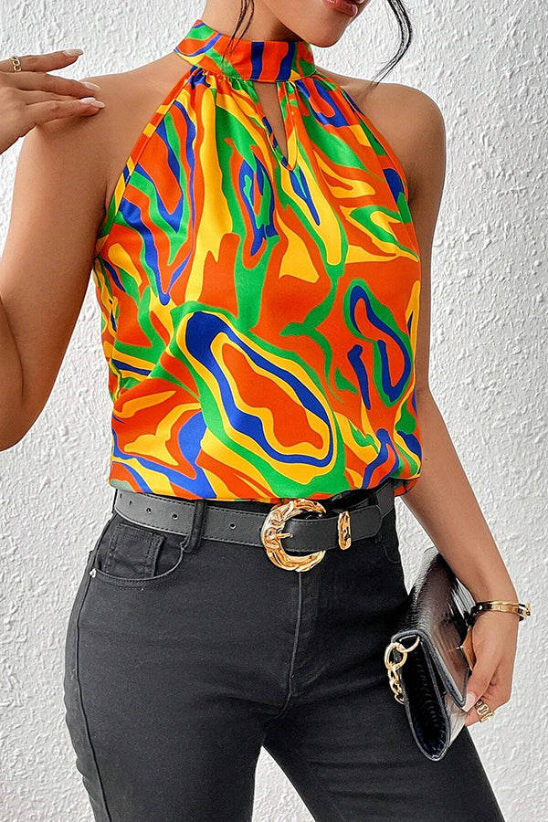 Top imprimé décontracté sans manches à col rond