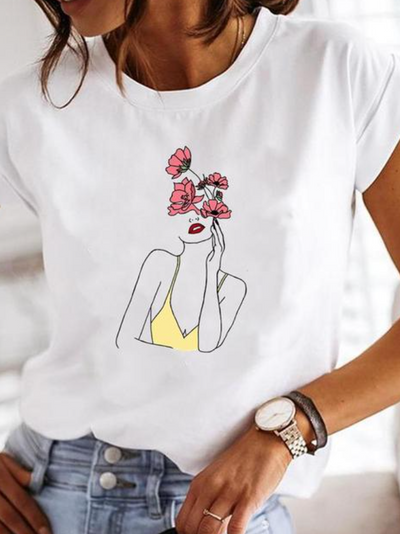 T-shirt Blanc à Imprimé Graphique Minimaliste pour Femme